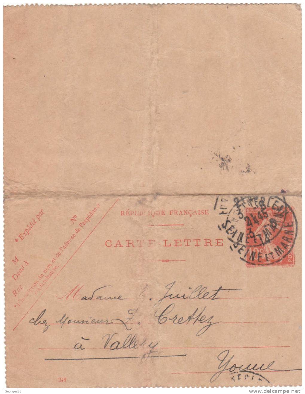 Carte Lettre CL Type Semeuse  10 C         03/08/1914 - Kaartbrieven