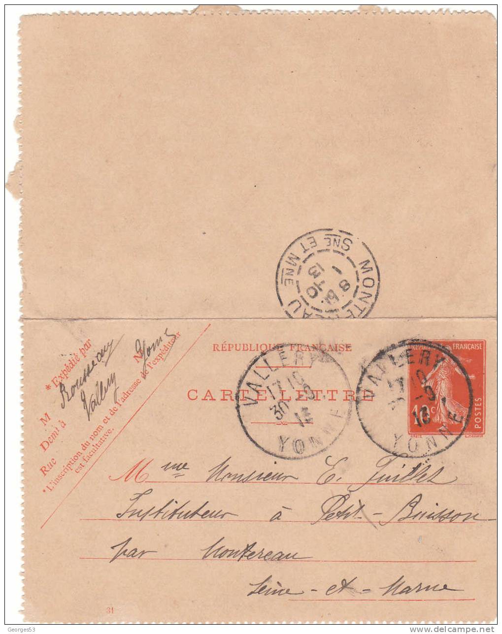 Carte Lettre CL Type Semeuse 10 C          30/09/1913 - Kaartbrieven