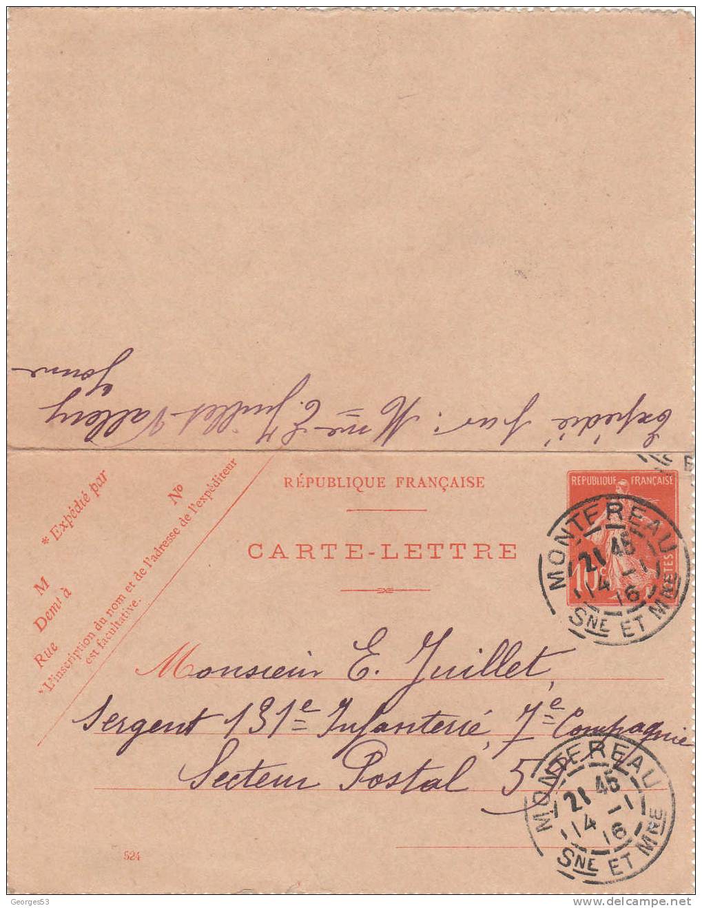 Carte Lettre CL Type Semeuse 10 C      14/01/1916 - Cartes-lettres