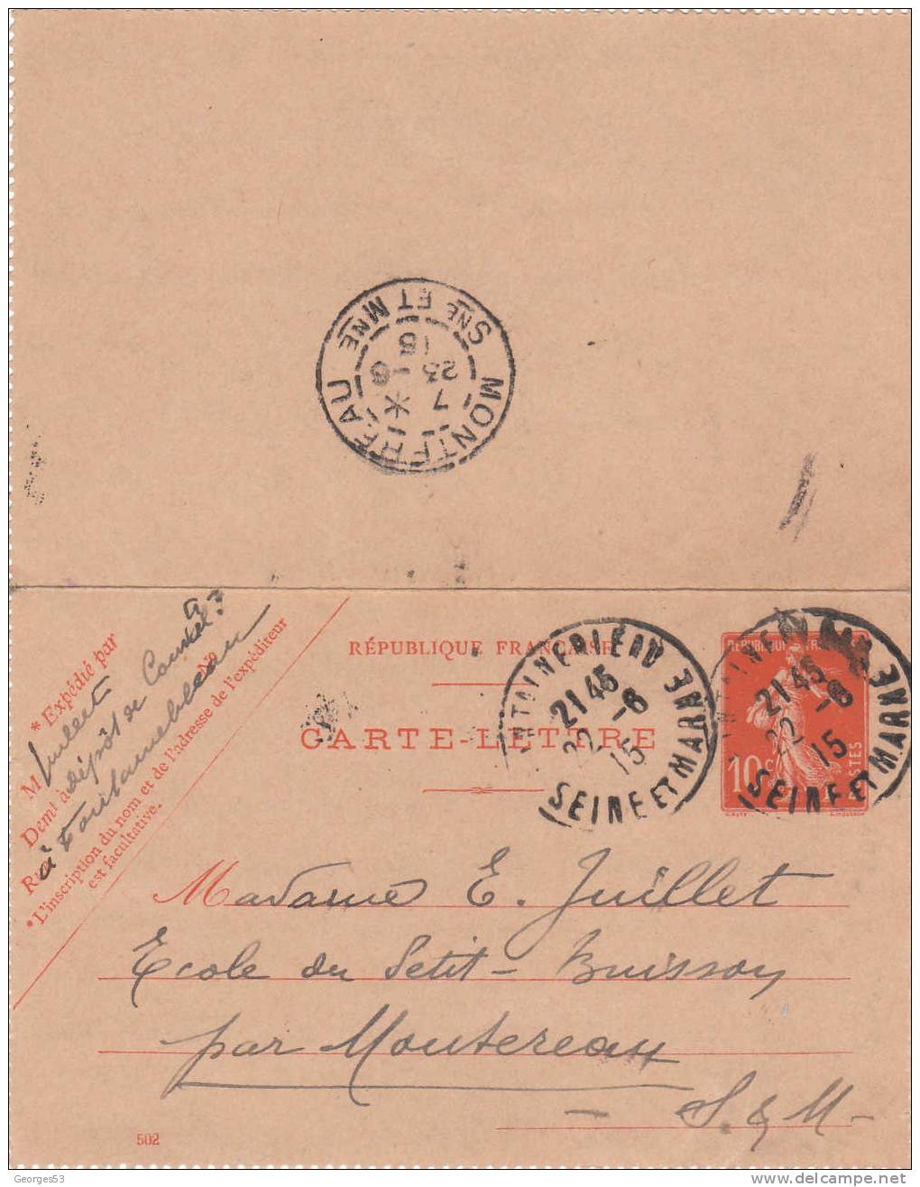 Carte Lettre CL Type Semeuse 10 C      22/06/1915 - Kaartbrieven
