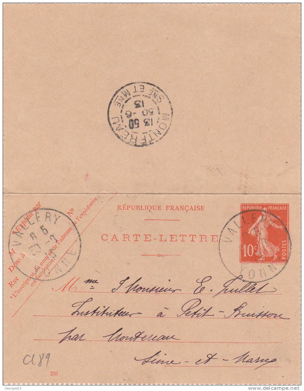 Carte Lettre CL Type Semeuse 10 C      30/06/1913 - Kaartbrieven