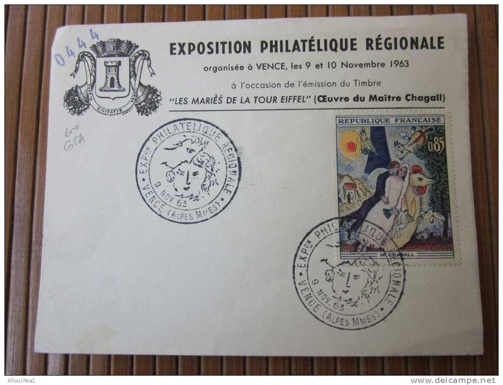 EXPOSITION PHILATELIQUE REGIONALE VENCE A.M. 1963 > LES MARIES DE LA TOUR EIFEL MARC CHAGALL  N°44>>CACHET COMMEMORATIF - Bolli Commemorativi