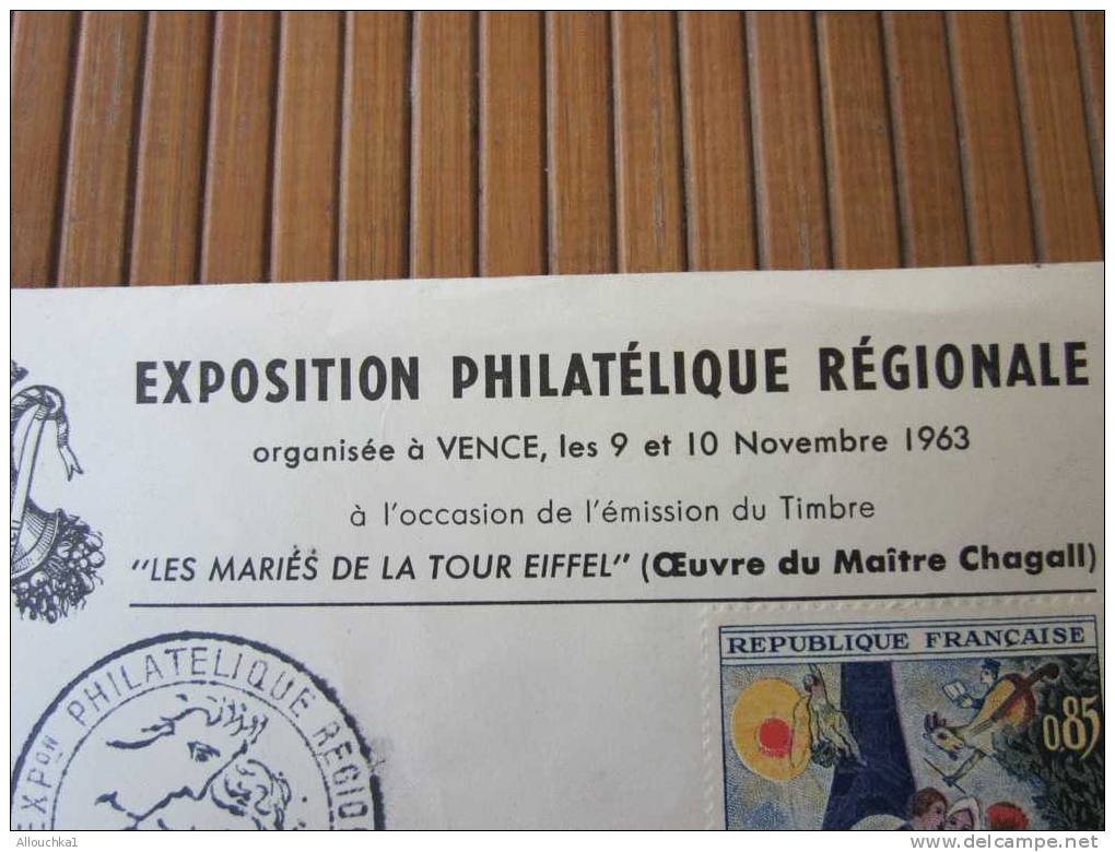 EXPOSITION PHILATELIQUE REGIONALE VENCE A.M. 1963 > LES MARIES DE LA TOUR EIFEL MARC CHAGALL  N°44>>CACHET COMMEMORATIF - Bolli Commemorativi