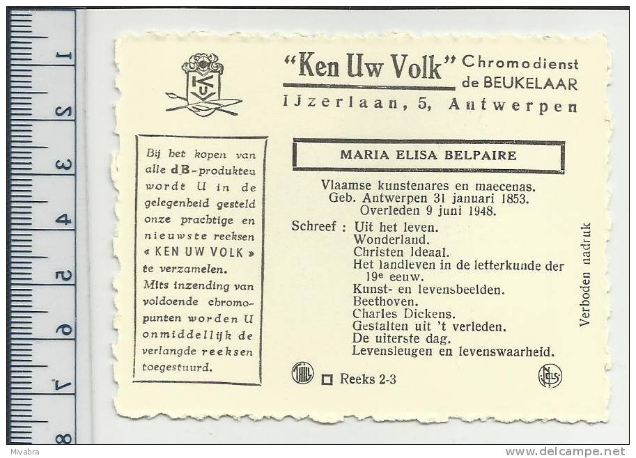 ANTWERPEN - MARIA ELISA BELPAIRE - SCHRIJFSTER KUNSTENARES  - CHROMO DE BEUKELAAR - De Beukelaer