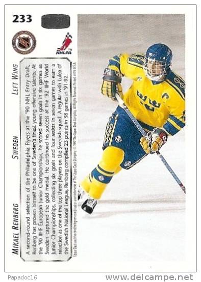 Carte / Card / Karte Hockey - Mikael Renberg - Left Wing - Sweden - World Junior Tournament (Upper Deck N° 233) - [1991] - 1990-1999