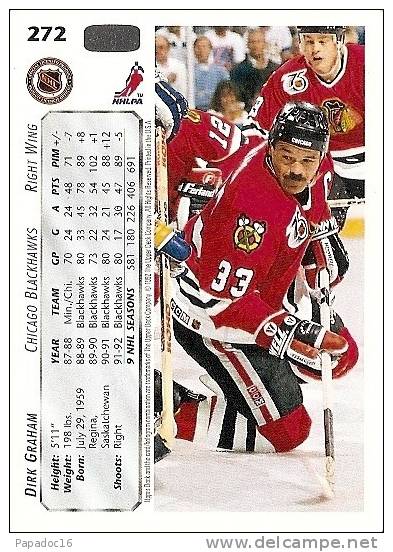 Carte / Card / Karte Hockey - Dirk Graham - Right Wing - Chicago Blackhawks (Upper Deck N° 272) - [1991] - 1990-1999