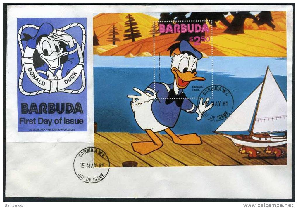 Barbuda #487 Donald Duck Souvenir Sheet First Day Cover From 1981 - Barbuda (...-1981)