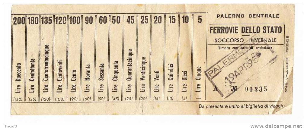 FERROVIE DELLO STATO   /   PALERMO CENTRALE  1955 -  SOCCORSO INVERNALE - Lire 200 - Europe