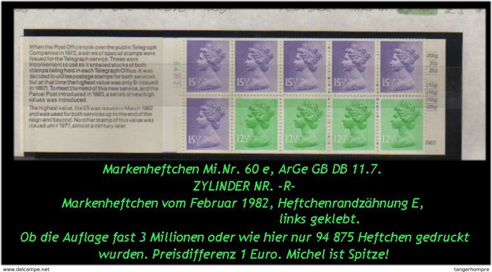 Grossbritannien – Februar 1982, 1.43 Pfund. Markenheftchen Mi. Nr. 60 E, Links Geklebt. Zylindernummer !! - Booklets