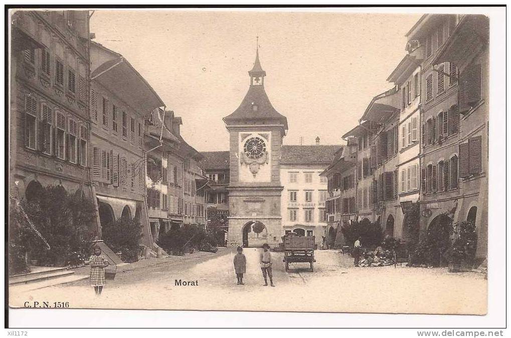 T196 Morat Murten Bazar,Horloge,Pharmacie,Attelage,ANIME.Précurseur.Non Circulé.CPN 1516 - Morat