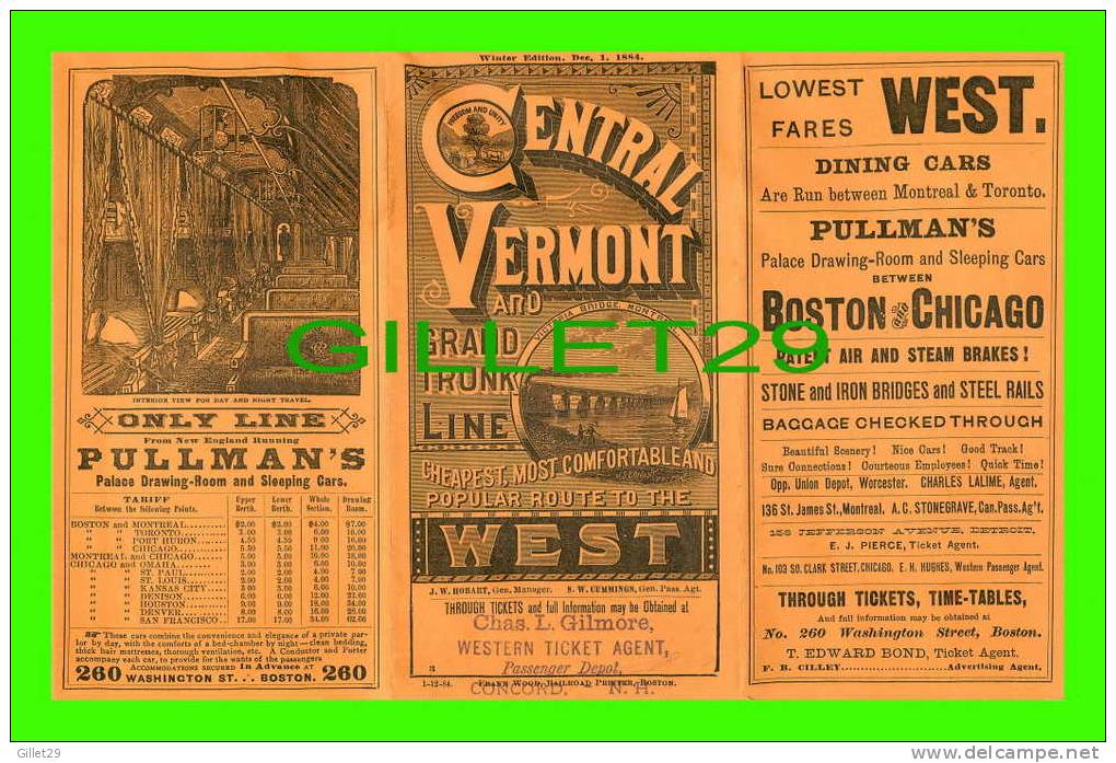 TIMETABLES- SCHEDULES - CENTRAL VERMONT AND GRAND TRUNK LINE, 1 DEC 1884 - INCLUDE MAP OF CENTRAL VERMONT - - World