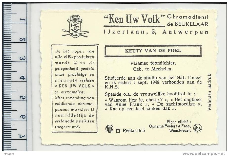 MECHELEN - KETTY VAN DE POEL - VLAAMSE TOONDICHTER - TONEEL  - CHROMO DE BEUKELAAR - De Beukelaer