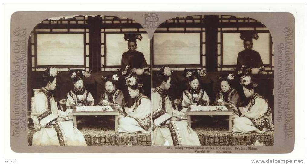 Stereoview China: 'Manchurian Ladies At Tea And Cards, Peking', 1:1 REPRINT On Matt Photo Paper - Stereoscopi