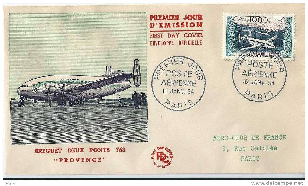 4  FDC Enveloppes I Er Jour AVION   16/01/1954  PARIS  COTE YT 1200 - 1950-1959