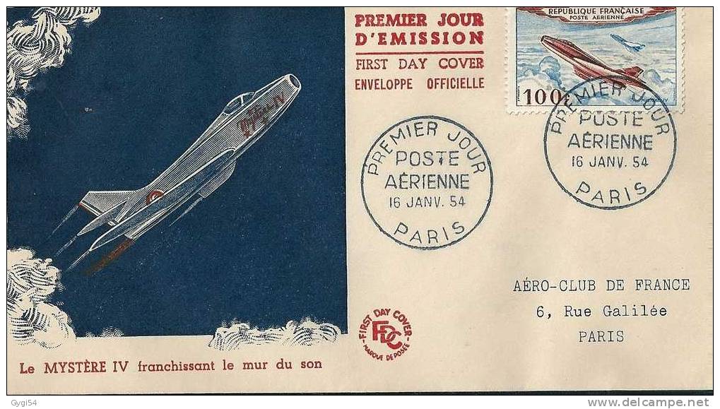 4  FDC Enveloppes I Er Jour AVION   16/01/1954  PARIS  COTE YT 1200 - 1950-1959