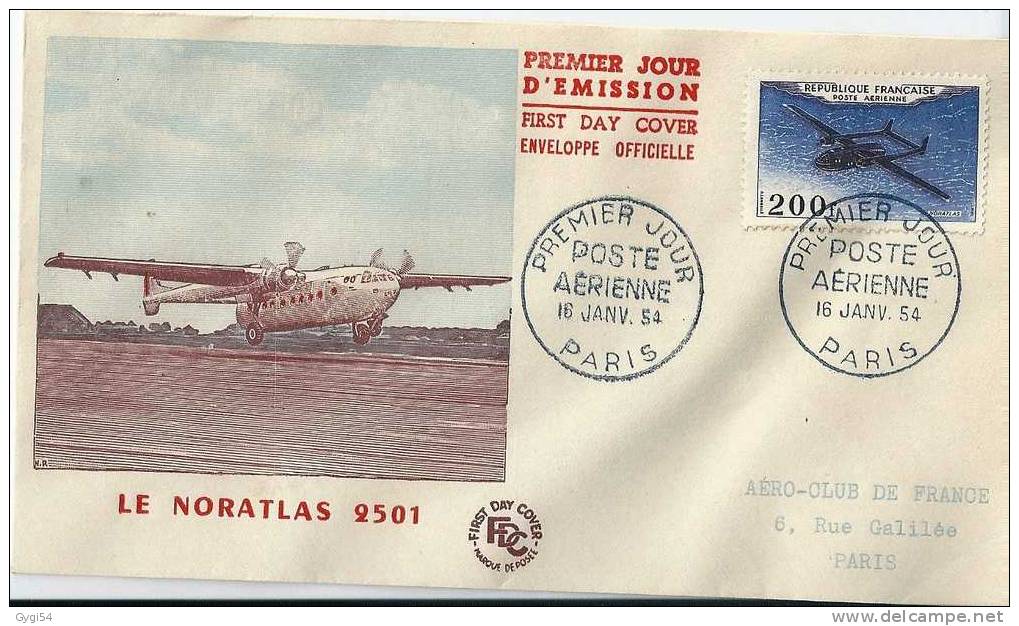 4  FDC Enveloppes I Er Jour AVION   16/01/1954  PARIS  COTE YT 1200 - 1950-1959