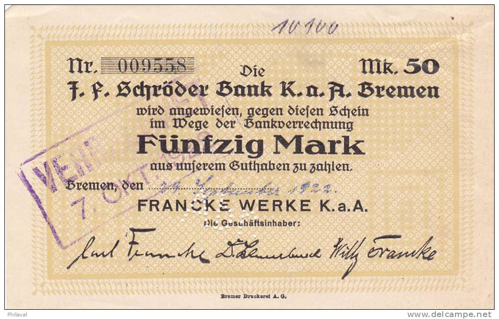 J.F.Schrüder Bank K.a.A.Bremen : Fünfzig Mark - Sammlungen