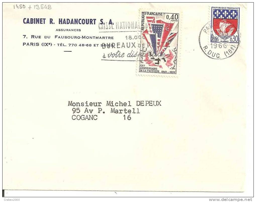 N° Y&t 1450+1354B   PARIS Vers COGNAC      Le  23 FEVRIER 1966 - Covers & Documents