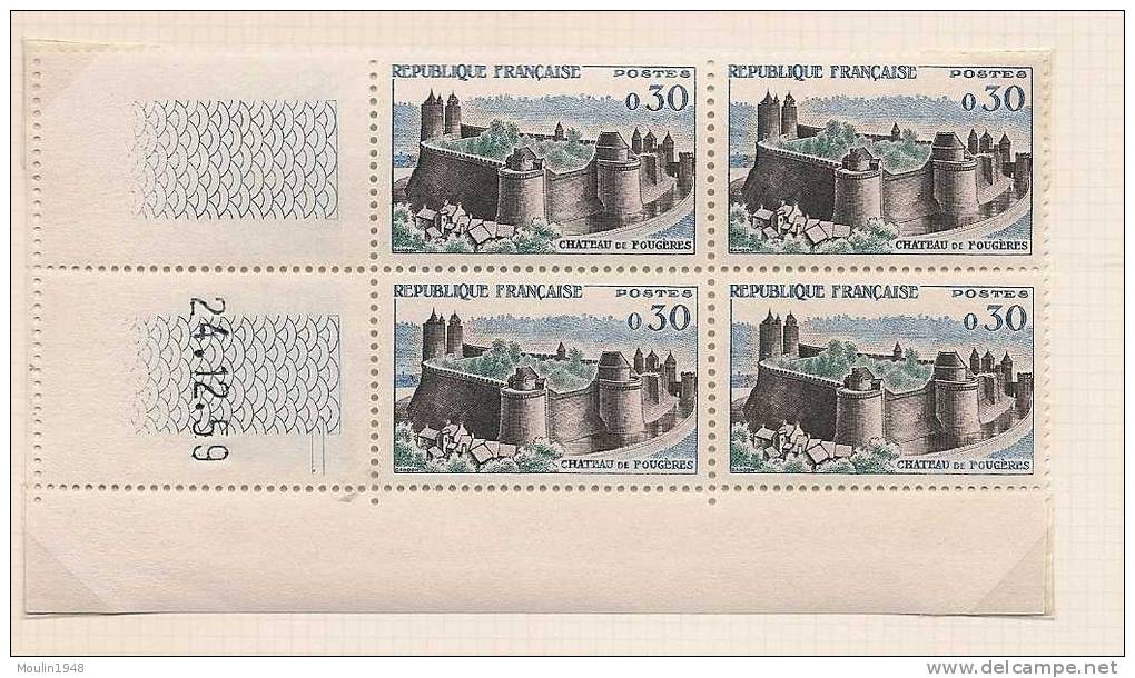 Bloc De 4  YT  1236 Chateau Fougeres Coin Daté  Du   24-12-59 - 1960-1969