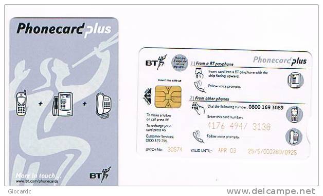 GRAN BRETAGNA (UNITED KINGDOM) - BT CHIP / REMOTE  -  PHONECARD PLUS (1ST ISSUE PLATINUM) £ 3 EX. APR 03 -USED-RIF.6883 - BT Phonecard Plus