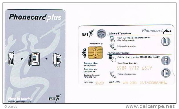 GRAN BRETAGNA (UNITED KINGDOM) - BT CHIP / REMOTE - PHONECARD PLUS (1ST ISSUE PLATINUM) £ 3 EX. APR 2003-USED-RIF.6884 - BT Phonecard Plus