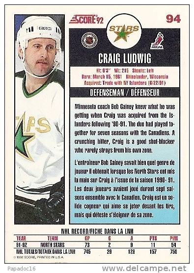 Carte / Card / Karte Hockey - Craig Ludwig - Defenseman / Défenseur - North Stars (Score 92 N° 94) - 1990-1999