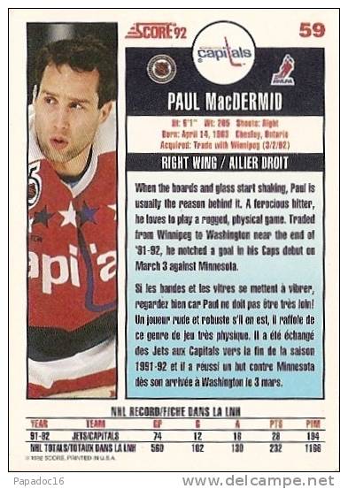 Carte / Card / Karte Hockey - Paul MacDermid - Right Wing / Alier Droit - Washington Capitals (Score 92 N° 59) - 1990-1999