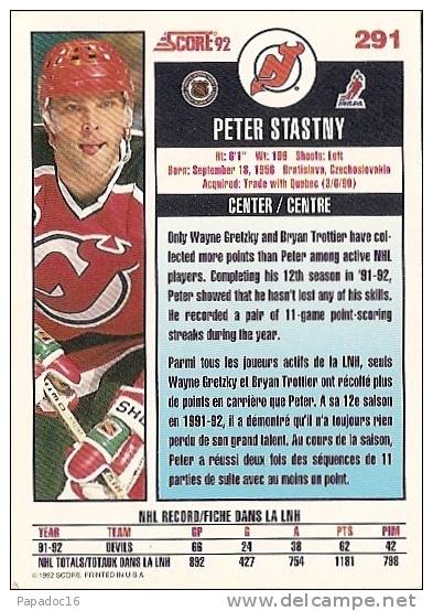 Carte / Card / Karte Hockey - Peter Statsny - Center / Centre - Devils (Score 92 N° 291) - 1990-1999