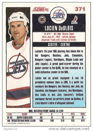 Carte / Card / Karte Hockey - Lucien DeBlois - Center / Centre - Winnipeg Jets (Score 92 N° 371) - 1990-1999