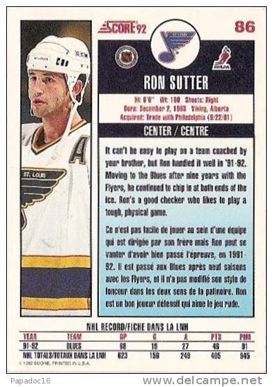 Carte / Card / Karte Hockey - Ron Sutter - Center / Centre - Saint-Louis Blues (Score 92 N° 86) - 1990-1999