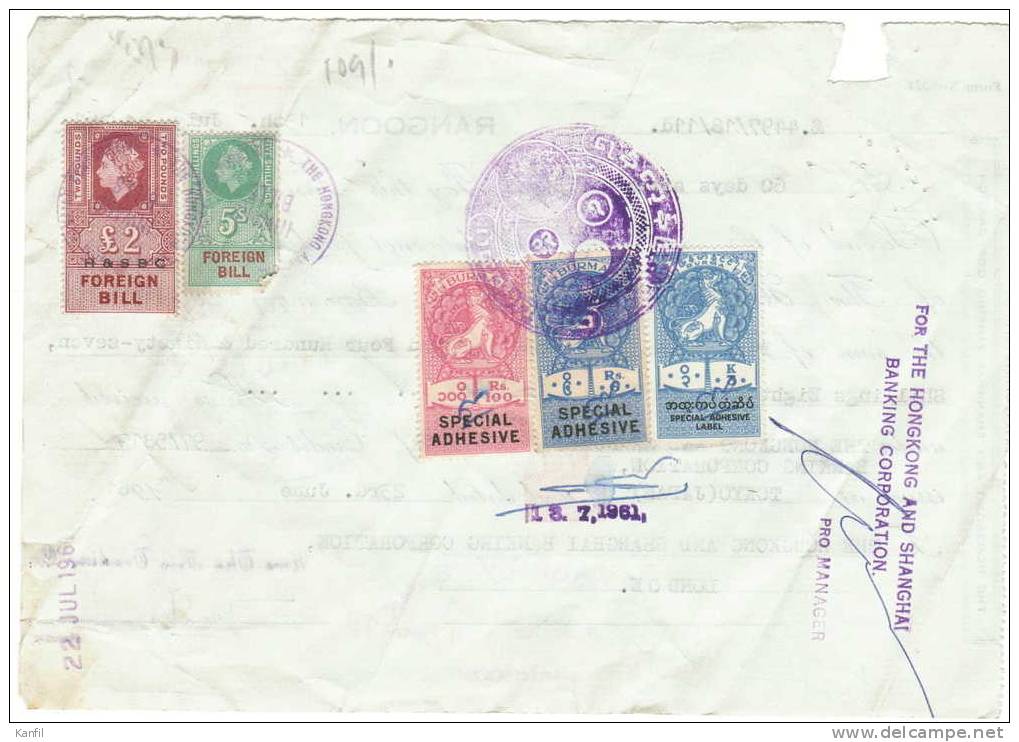 Burma 1961 (foreing Bill, Special Adhesive) The Hongkong And Shanghai Banking Corporation - Burma (...-1947)