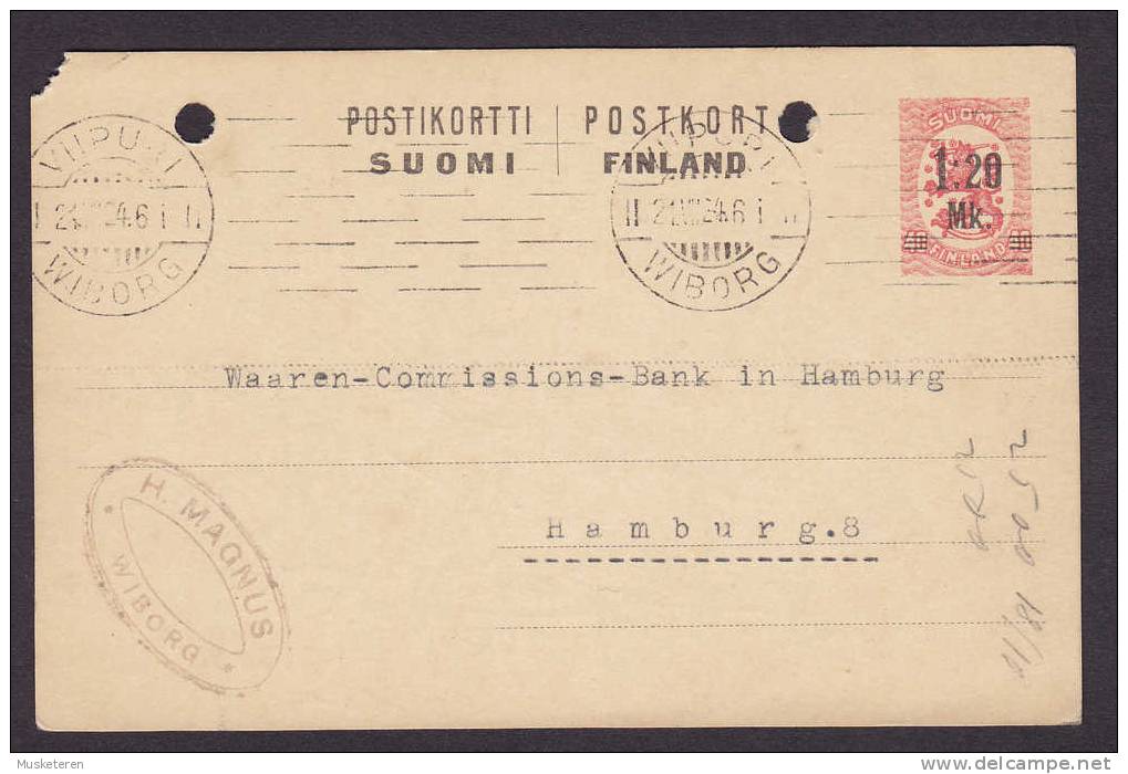 Finland Postal Stationery Ganzsache Entier 1.20 Mk On 40 P Wappenlöwe TMS WIBORG 1924 To Bank In Hamburg Germany - Postwaardestukken