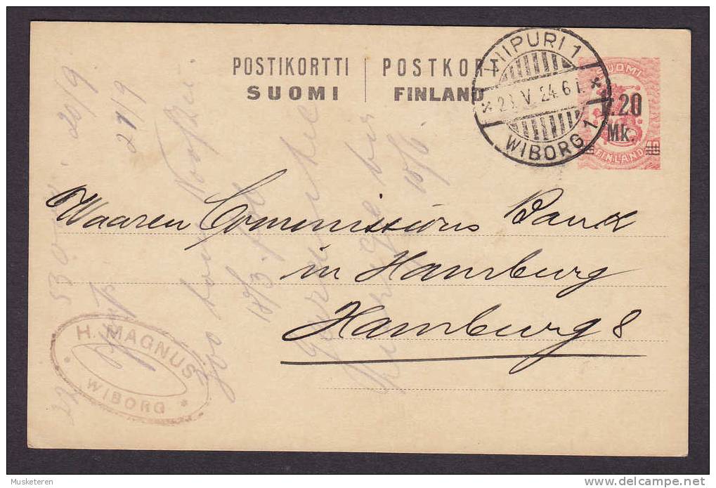 Finland Postal Stationery Ganzsache Entier 1.20 Mk On 40 P Wappenlöwe Deluxe WIBORG 1924 To Bank In Hamburg Germany - Postwaardestukken