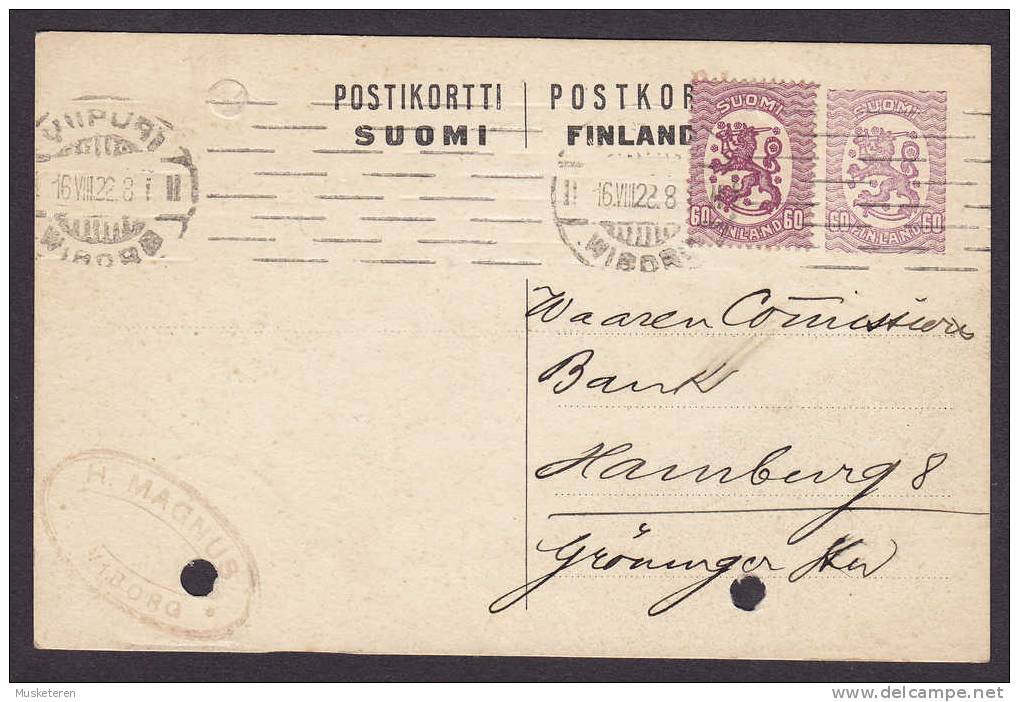 Finland Postal Stationery Ganzsache Entier Uprated Wappenlöwe TMS Cds. WIBORG 1922 To Bank In Hamburg Germany - Postwaardestukken
