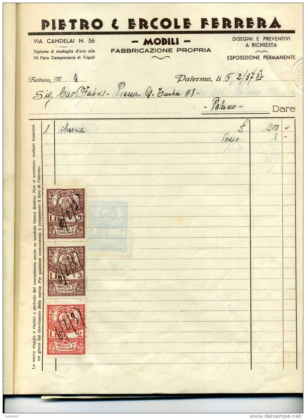 S2724 MARCA DA BOLLO MUNICIPIO PALERMO IMPOSTA DI CONSUMO L. 2 + L. 3 X 2 SU FATTURA 1937 - Altri & Non Classificati