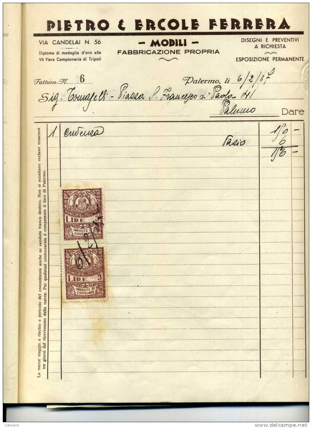 S2725 MARCA DA BOLLO MUNICIPIO PALERMO IMPOSTA DI CONSUMO L. 3 X 2 SU FATTURA 1937 - Altri & Non Classificati