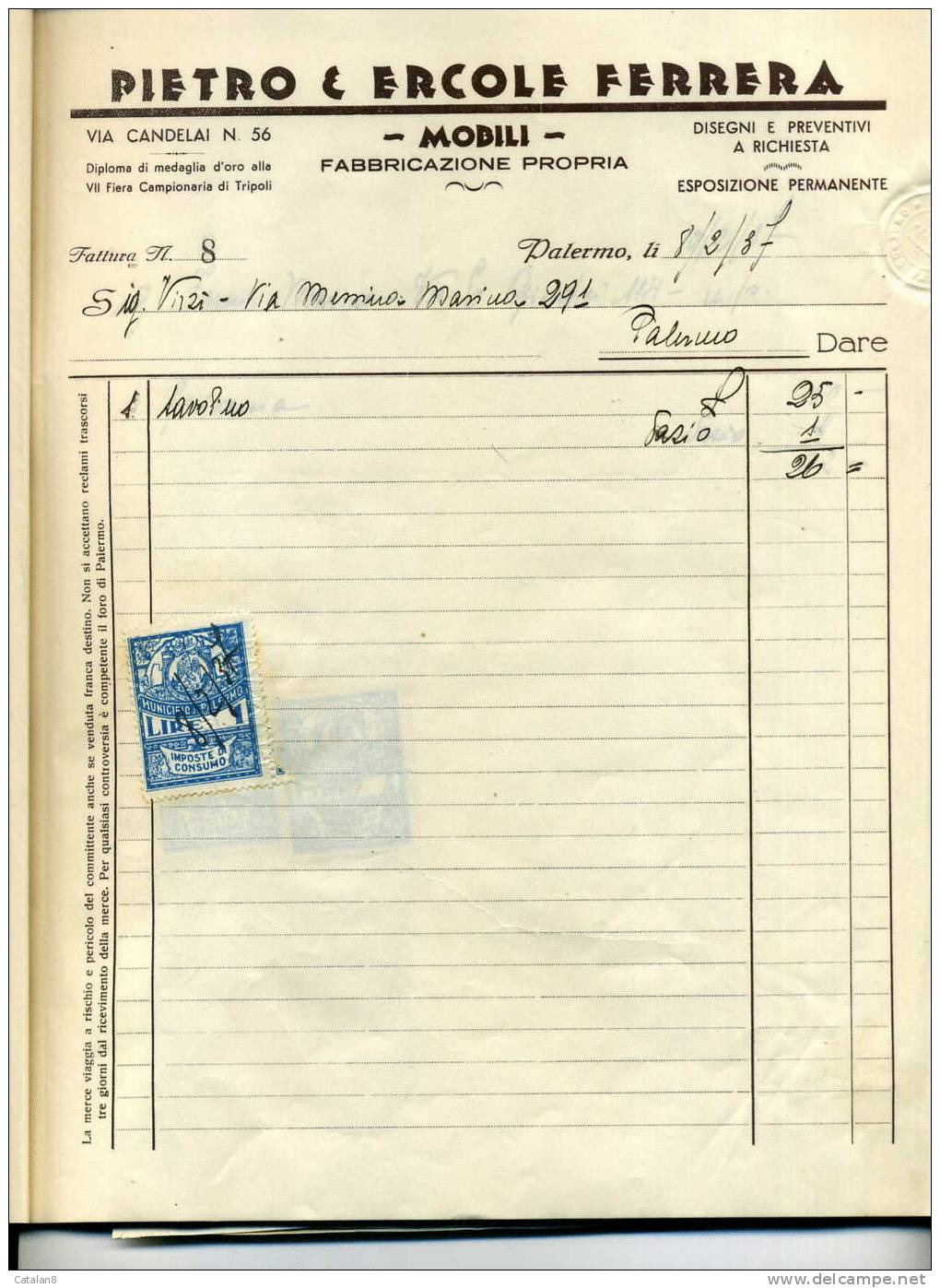 S2727 MARCA DA BOLLO MUNICIPIO PALERMO IMPOSTA DI CONSUMO L. 1 SU FATTURA 1937 - Altri & Non Classificati