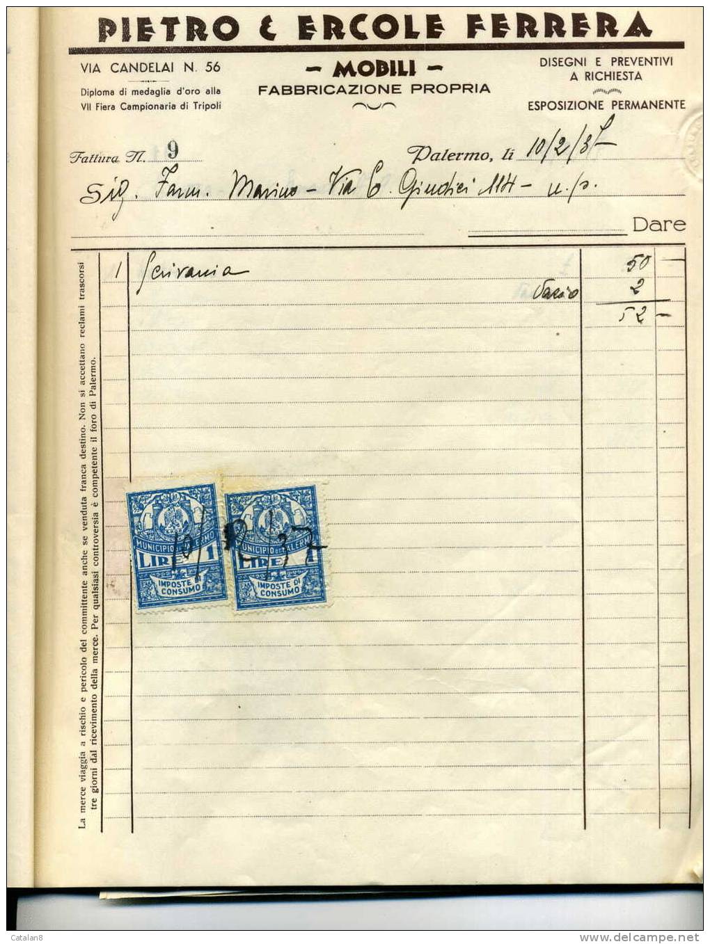 S2728 MARCA DA BOLLO MUNICIPIO PALERMO IMPOSTA DI CONSUMO L. 1 X 2 SU FATTURA 1937 - Altri & Non Classificati