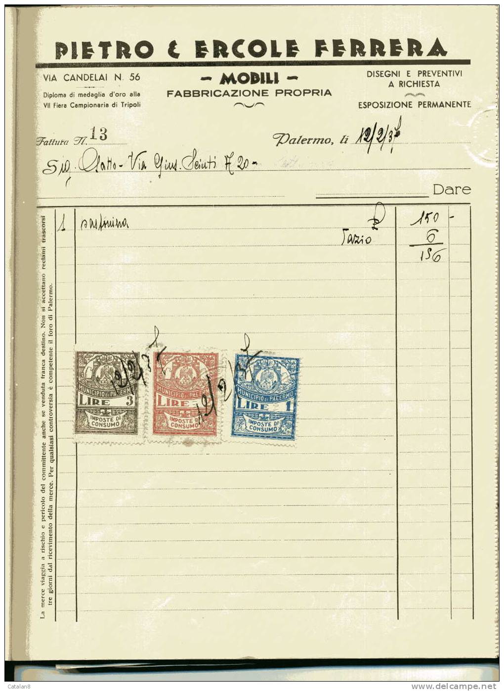 S2732 MARCA DA BOLLO MUNICIPIO PALERMO IMPOSTA DI CONSUMO L. 1+ L. 2 + L. 3 SU FATTURA 1937 - Altri & Non Classificati