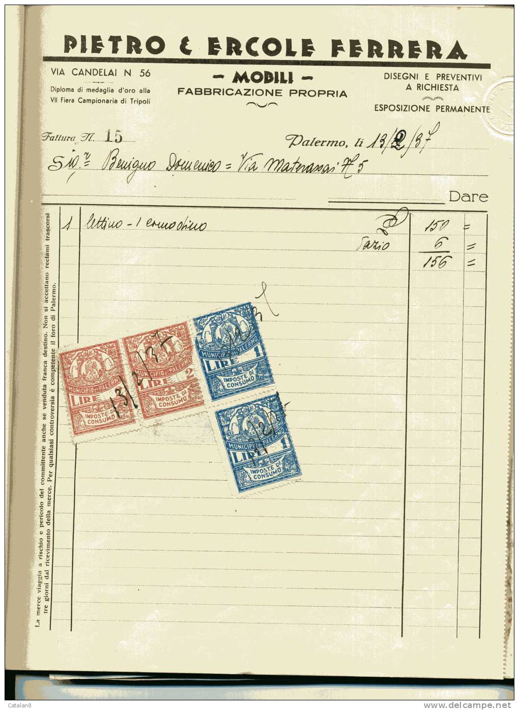 S2734 MARCA DA BOLLO MUNICIPIO PALERMO IMPOSTA DI CONSUMO L. 1 X 2+ L. 2 X 2 SU FATTURA 1937 - Altri & Non Classificati