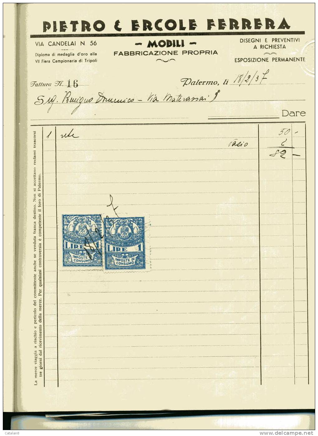 S2735 MARCA DA BOLLO MUNICIPIO PALERMO IMPOSTA DI CONSUMO L. 1 X 2 SU FATTURA 1937 - Altri & Non Classificati