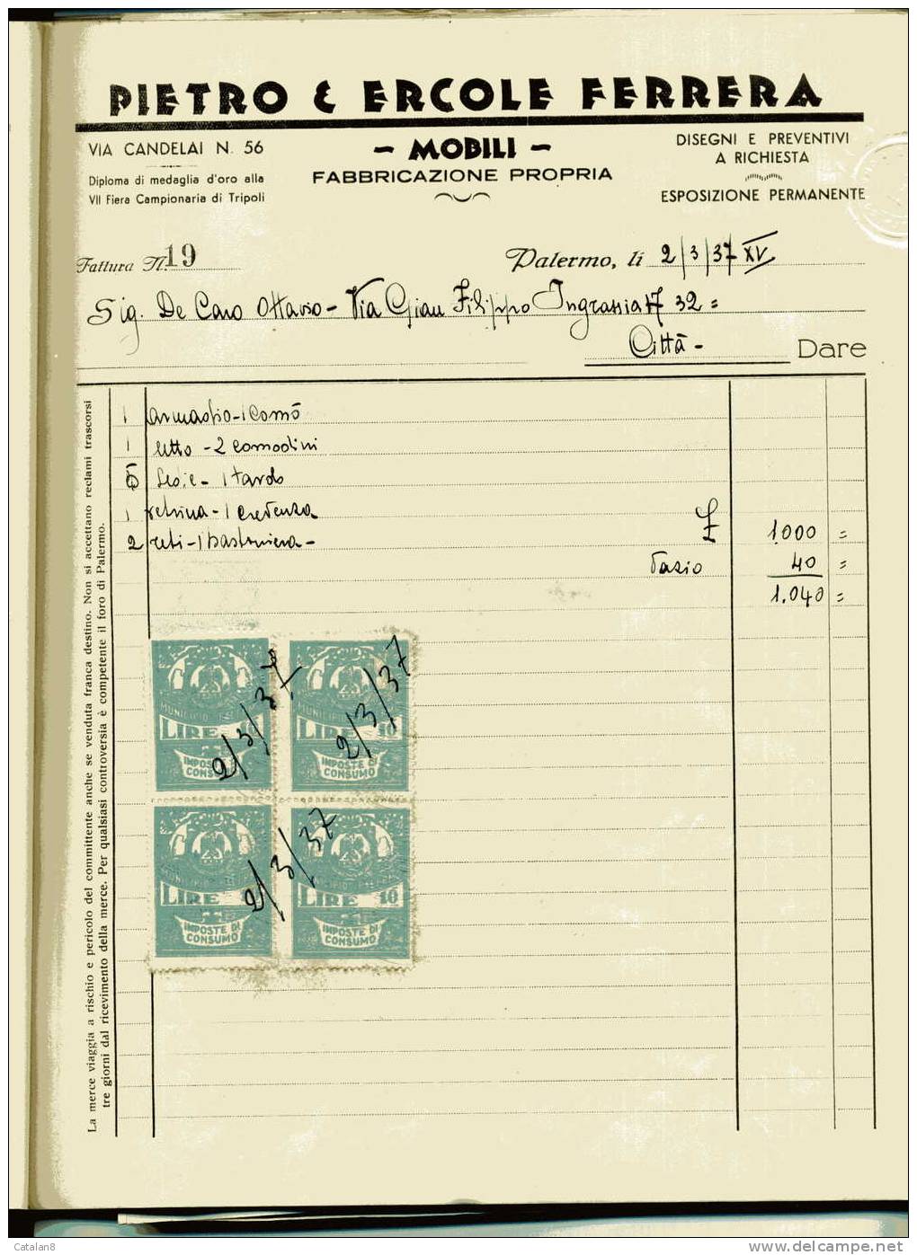 S2738 MARCA DA BOLLO MUNICIPIO PALERMO IMPOSTA DI CONSUMO L. 10 X 4  SU FATTURA 1937 - Altri & Non Classificati