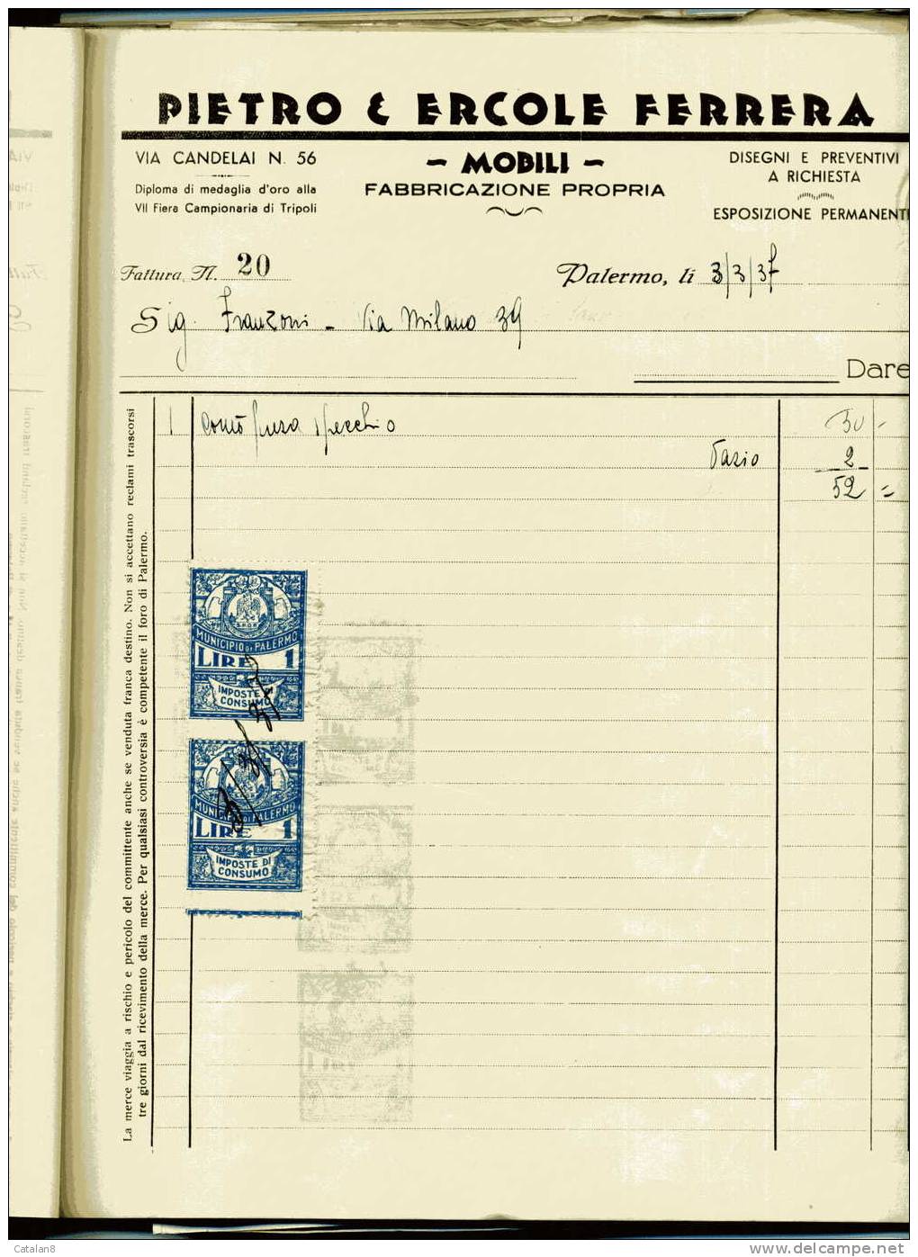 S2739 MARCA DA BOLLO MUNICIPIO PALERMO IMPOSTA DI CONSUMO L. 1 X 2  SU FATTURA 1937 - Altri & Non Classificati