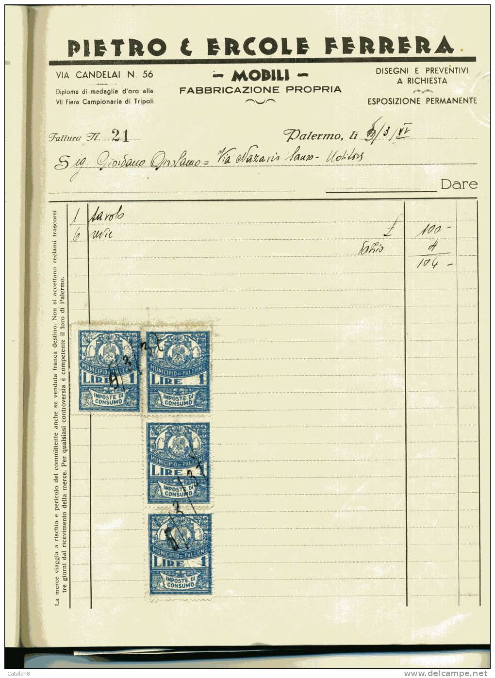 S2740 MARCA DA BOLLO MUNICIPIO PALERMO IMPOSTA DI CONSUMO L. 1 X 4  SU FATTURA 1937 - Altri & Non Classificati