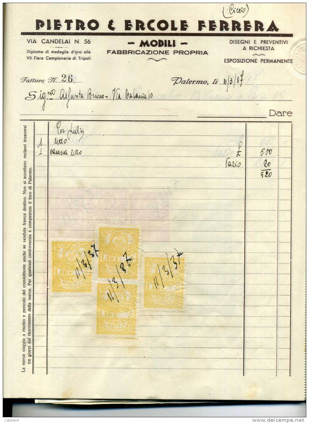 S2745 MARCA DA BOLLO MUNICIPIO PALERMO IMPOSTA DI CONSUMO L. 5 X 4 SU FATTURA 1937 - Altri & Non Classificati