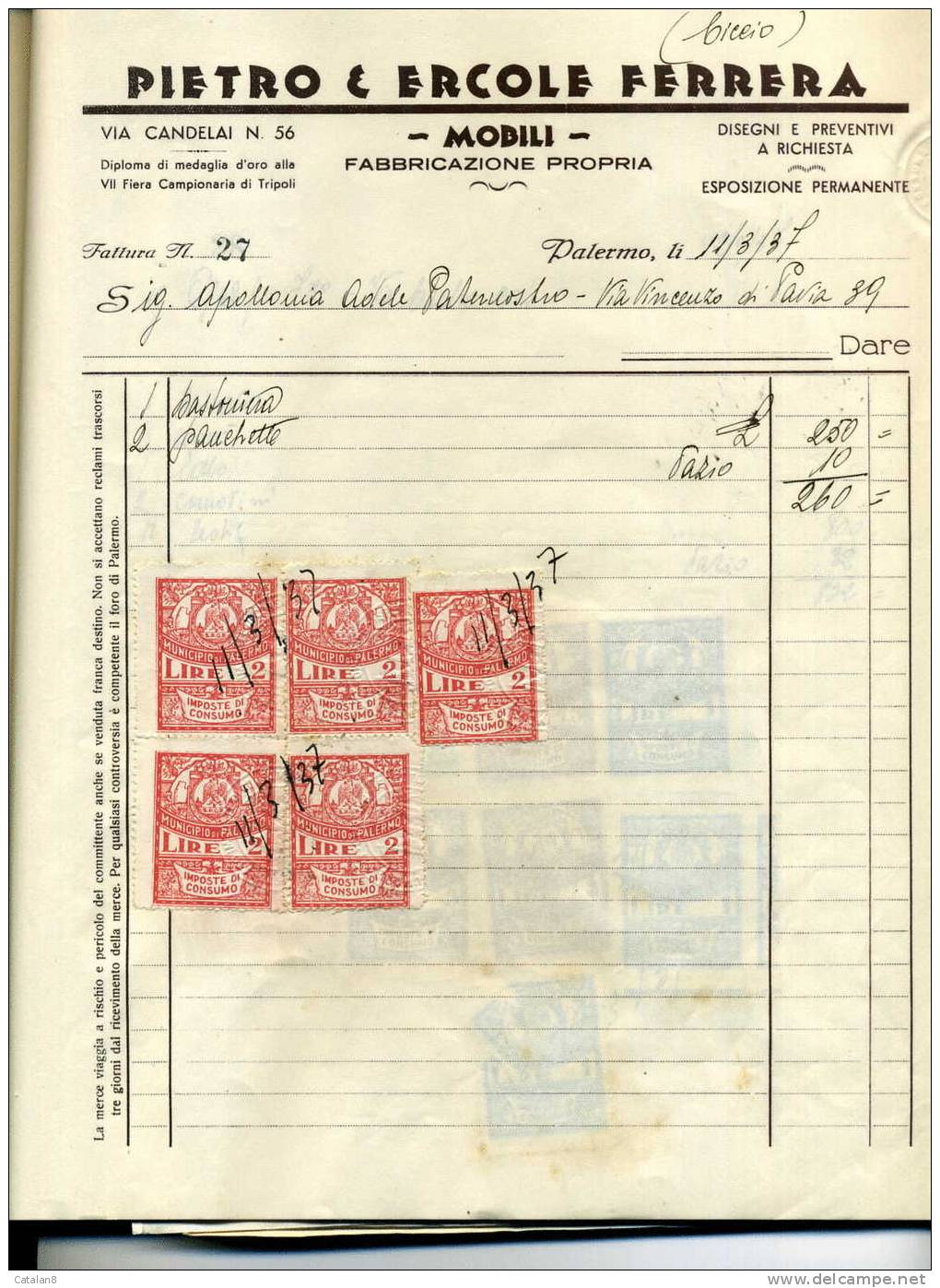 S2746 MARCA DA BOLLO MUNICIPIO PALERMO IMPOSTA DI CONSUMO L. 2 X 5 SU FATTURA 1937 - Altri & Non Classificati