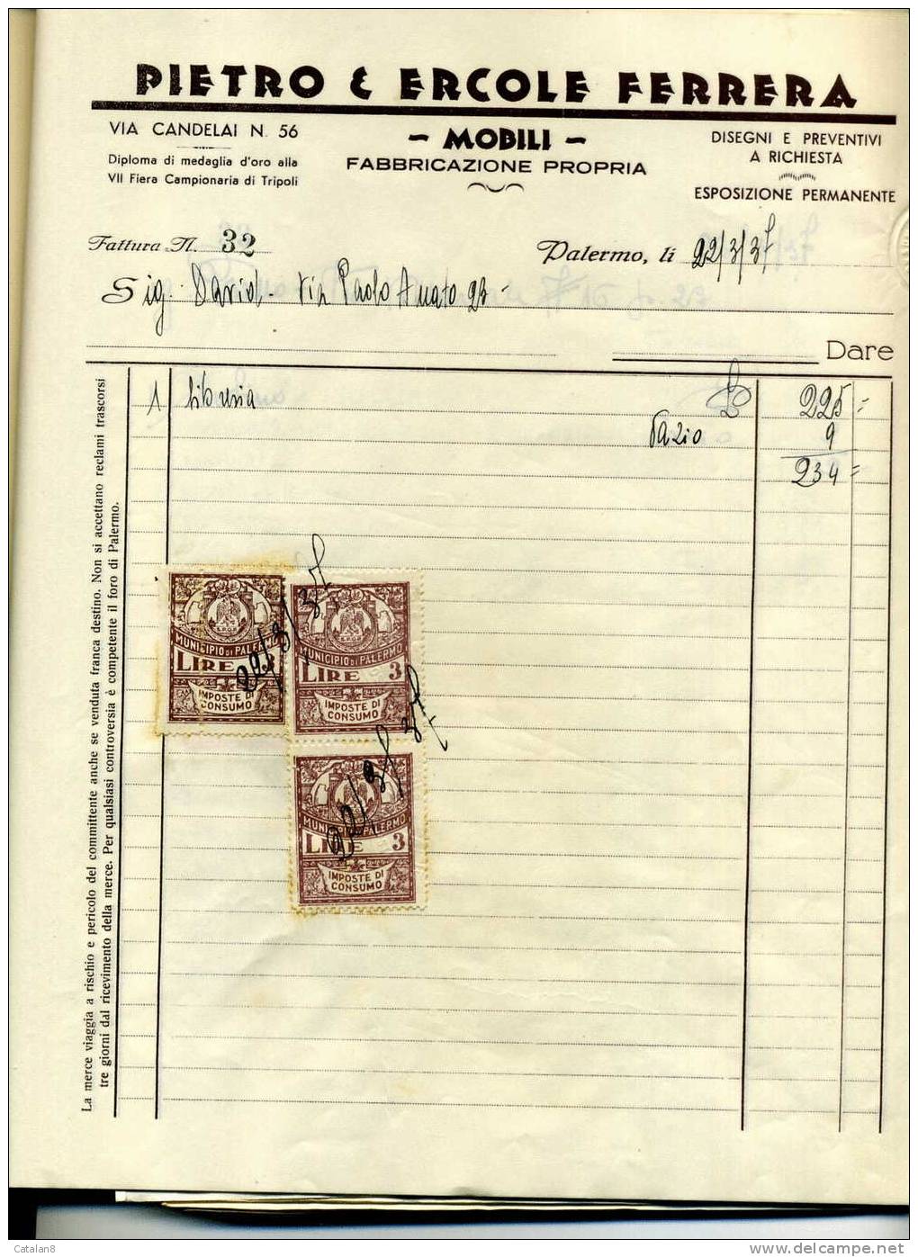 S2751 MARCA DA BOLLO MUNICIPIO PALERMO IMPOSTA DI CONSUMO L. 3 X 3  SU FATTURA 1937 - Altri & Non Classificati