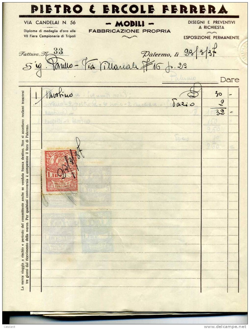 S2752 MARCA DA BOLLO MUNICIPIO PALERMO IMPOSTA DI CONSUMO L. 2  SU FATTURA 1937 - Altri & Non Classificati