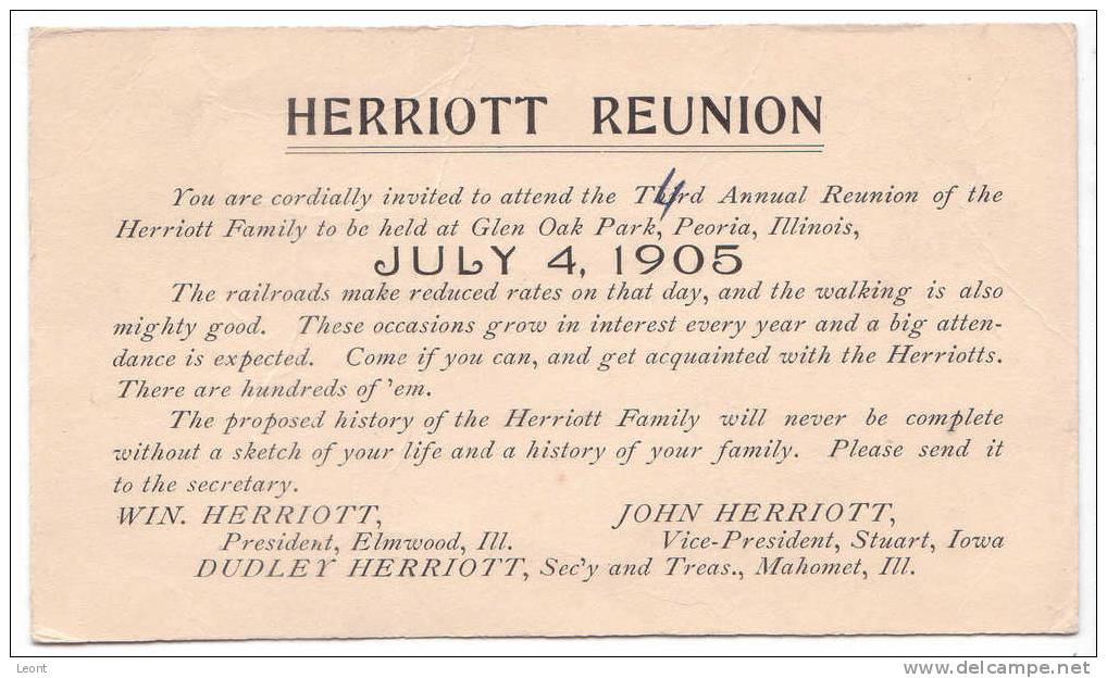 Postal Card One Cent - Mckinley - 1905 - Preprinted Invitation To Herriott Reunion - Presidentes