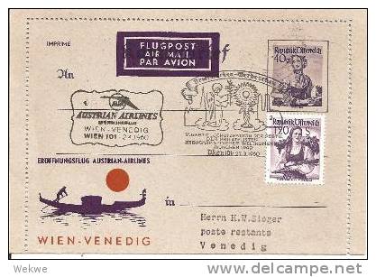 A-RII177ÖSTERR.- AUA, Erstflug Wien-Venedig 1960. Sonderstempel. Eucharistischer Kongress + Trachtenmotiv (First Flight) - Erst- U. Sonderflugbriefe